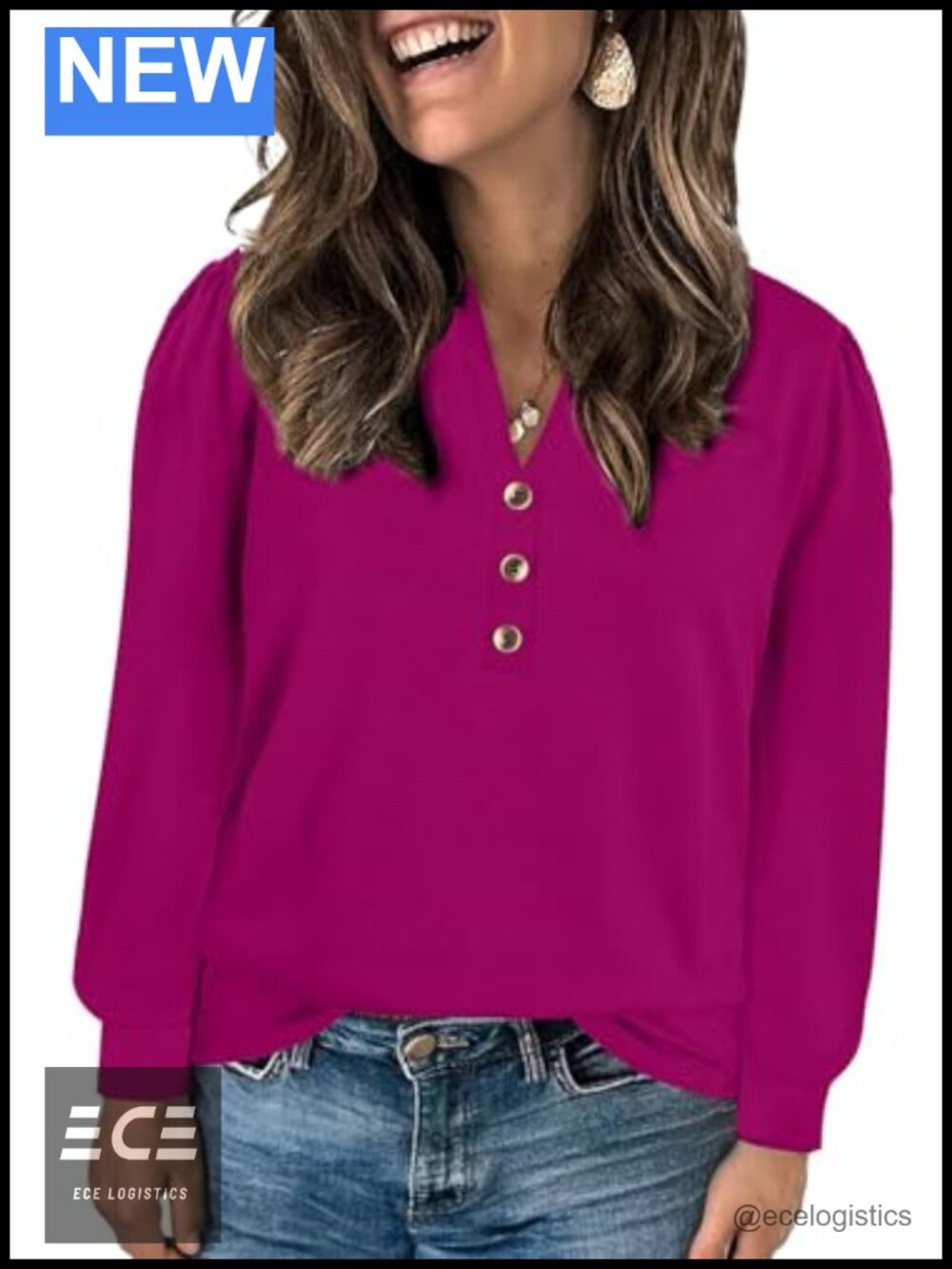 Plus Size Puff Long Sleeve V-Neck Button Down Blouse Loose Fit